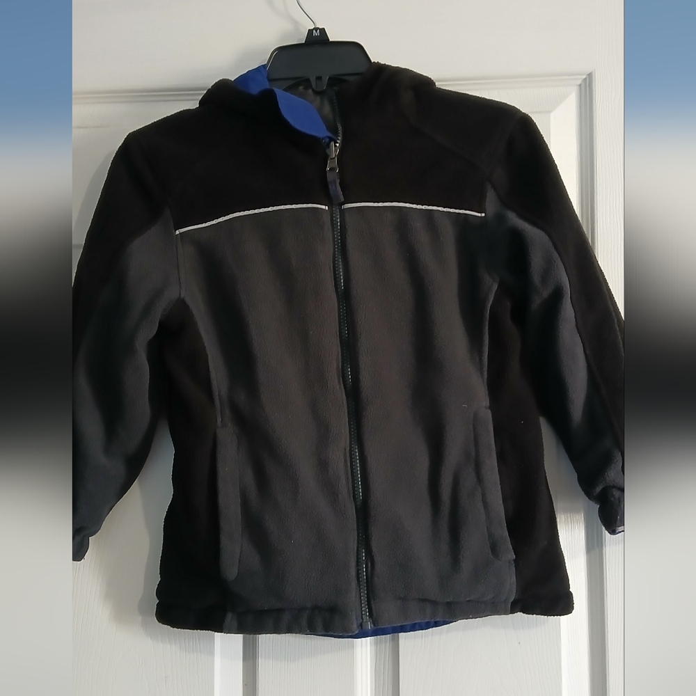 Kids Blue and Black Hooded Puffer Jacket with Reflective Stripe - Picture 3 of 14